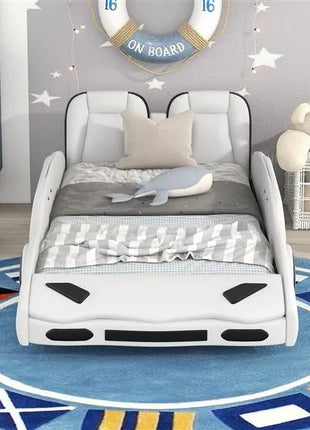 Likeshoppe Twin Size Race Car-Shaped Platform Bed With Wheels, White