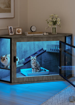 48" Corner Cat Litter Box Enclosure with LED Light – Hidden Cat House Cabinet with Acrylic Door