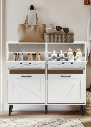 Farmhouse Barn Door Shoe Cabinet with 4 Flip-Down Drawers – Distressed White