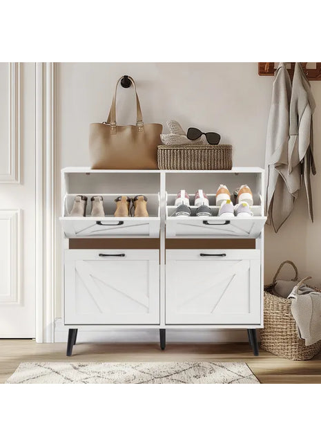 Farmhouse Barn Door Shoe Cabinet with 4 Flip-Down Drawers – Distressed White
