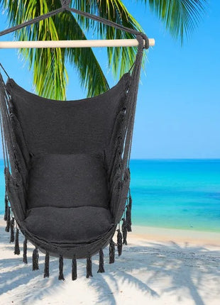 Outdoor Hanging Hammock Chair with Pillow – Tassel Cotton Blend Swing Chair for Patio, Backyard, Camping & Balcony