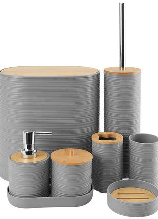 8Pcs Bathroom Accessories Set with Trash Can, Soap Dispenser & Bamboo Tray