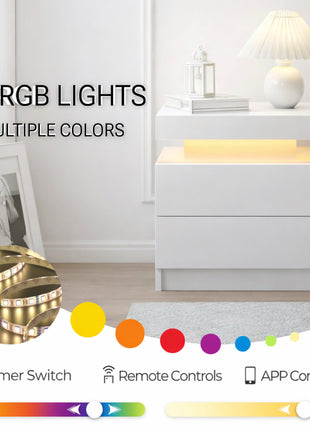 LED Nightstand with 2 Drawers – Modern Black Bedside Table with RGB Lights (Set of 2)