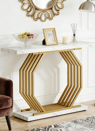 Likeshoppe Faux Marble Console Table with Gold Octagon Base – 39" Modern Entryway Sofa Table
