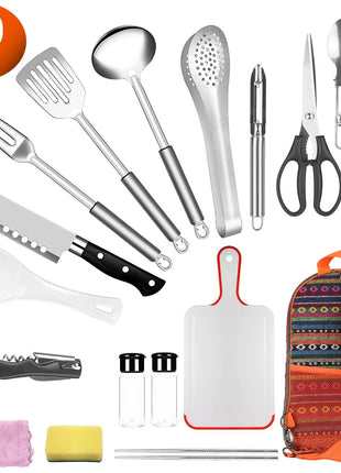 19-Piece Camping Cooking Utensil Set – Portable Outdoor Kitchen Kit with Stainless Steel Tools & Organizer Bag