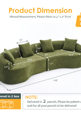 110" Curved Boneless Modular Sectional Sofa – Chenille Compression Couch (Green)