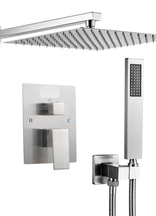 12" Rainfall Shower Faucet System with Handheld Spray – Wall Mounted Brushed Nickel Shower Set