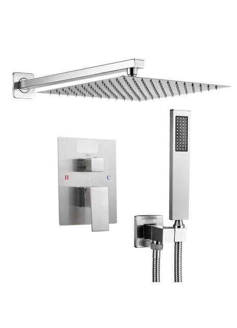 12" Rainfall Shower Faucet System with Handheld Spray – Wall Mounted Brushed Nickel Shower Set