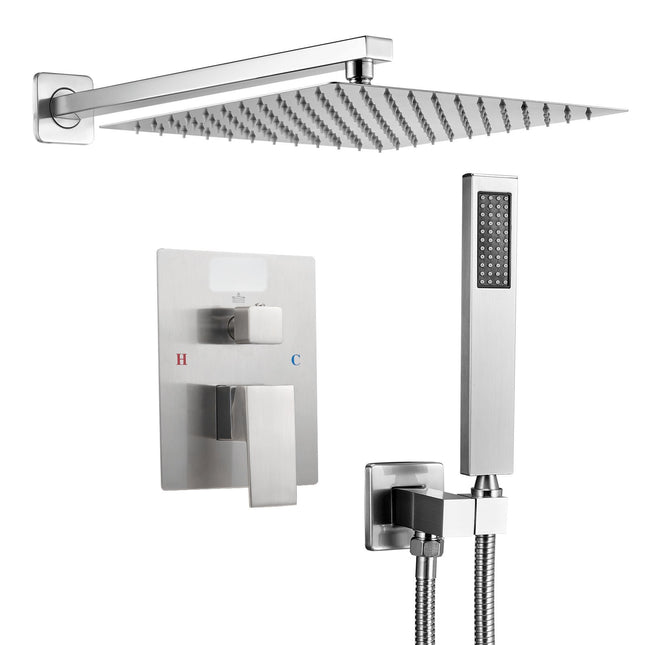 12" Rainfall Shower Faucet System with Handheld Spray – Wall Mounted Brushed Nickel Shower Set
