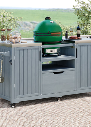 66.5" Outdoor Kitchen Island Grill Cart with Stainless Steel Countertop & Storage Cabinets – Solid Wood BBQ Prep Table (Grey Blue)