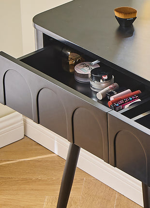 Modern Makeup Vanity Desk with LED Mirror – Black Dressing Table with 4 Drawers & Stool