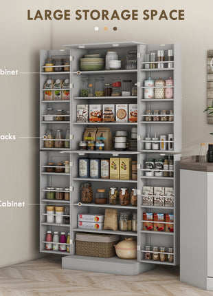 Tall Kitchen Pantry Cabinet with Adjustable Shelves – 8-Tier Food Storage Organizer with Door Spice Racks