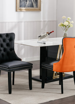 Black & Orange Tufted Dining Chairs Set of 2 – Upholstered PU Leather Chairs with Nailhead Trim and Wood Legs