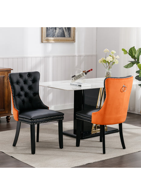 Black & Orange Tufted Dining Chairs Set of 2 – Upholstered PU Leather Chairs with Nailhead Trim and Wood Legs