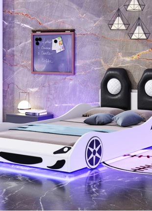 Likeshoppe Wood Twin Size Race Car-Shaped Platform Bed With LED And Upholstered Backrest, White