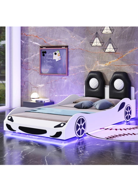 Likeshoppe Wood Twin Size Race Car-Shaped Platform Bed With LED And Upholstered Backrest, White
