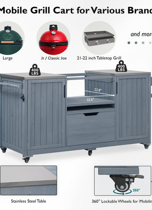 66.5" Outdoor Kitchen Island Grill Cart with Stainless Steel Countertop & Storage Cabinets – Solid Wood BBQ Prep Table (Grey Blue)