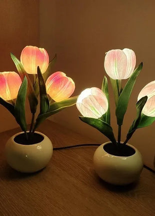 LED Tulip Table Lamp USB Rechargeable – Flower Vase Decorative Night Light with Adjustable Brightness