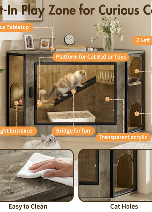 48" Corner Cat Litter Box Enclosure with LED Light – Hidden Cat House Cabinet with Acrylic Door
