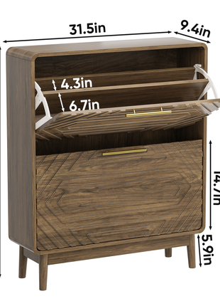 Walnut Mid-Century Shoe Cabinet with Flip Drawers – Slim Entryway Shoe Storage Organizer