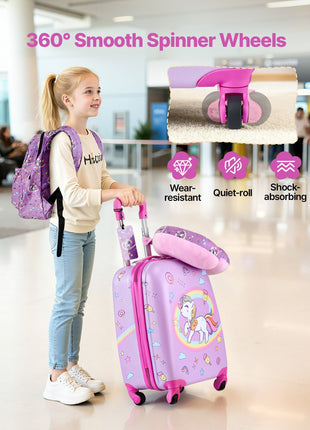 Unicorn Kids 5 Piece Carry On Luggage Set | 18 Inch Rolling Suitcase with Backpack & Travel Pillow | Likeshoppe