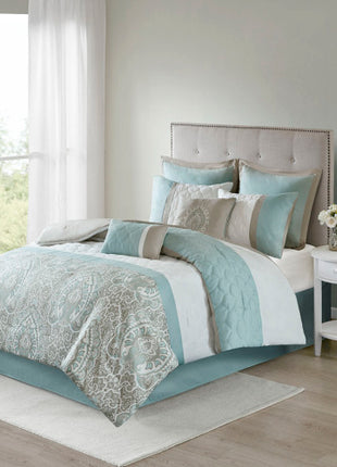 Likeshoppe Queen 8 Piece Comforter Set Seafoam – Luxury Quilted Damask Bedding Set with Decorative Pillows & Bed Skirt