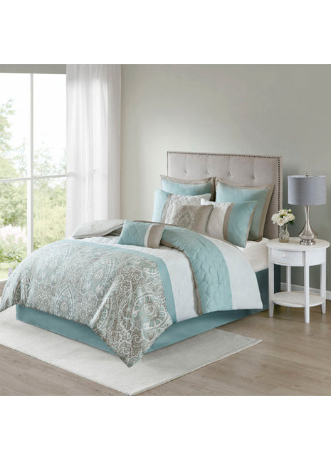 Likeshoppe Queen 8 Piece Comforter Set Seafoam – Luxury Quilted Damask Bedding Set with Decorative Pillows & Bed Skirt