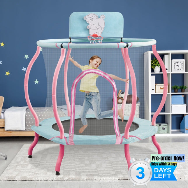 BA29- 4FT Trampoline for Kids - 48" Indoor Mini Toddler Trampoline with Enclosure, Basketball Hoop and Ball Included, Arc Designed and Full Surrounded for Extra Protection - Likeshoppe 