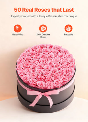 50 Preserved Roses Sweet Pink Round Box – Forever Flowers Gift for Women Wife Mom Anniversary Valentine’s Day