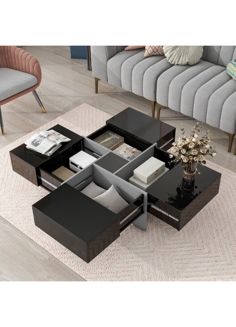 Likeshoppe Modern Square Coffee Table with Hidden Storage – Black High Gloss Lift Top Table with Sliding Expandable Design (31.5")