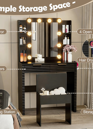 Makeup Vanity Desk with Hollywood Bulbs – Black Dressing Table with Charging Station & Storage Stool