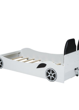 Likeshoppe Wood Twin Size Race Car-Shaped Platform Bed With LED And Upholstered Backrest, White