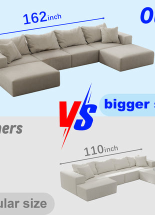 Likeshoppe Oversized Cloud Modular Sectional Sofa – 162" Beige Chenille L-Shaped Living Room Couch with 6 Pillows