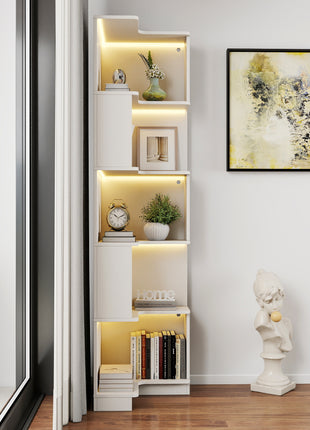 Likeshoppe 5 Tier Corner Bookshelf with LED Lights – Modern L-Shaped Space Saving Display Shelf for Small Spaces, Living Room & Home Office