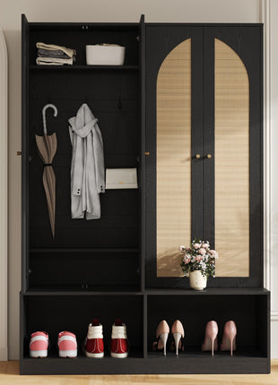 Farmhouse Hall Tree with Rattan Doors – Entryway Bench with Shoe Storage