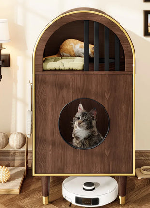 2-Tier Cat Litter Box Enclosure & Condo Cat Bed – Modern Arch Cat House Furniture for 2 Cats (Espresso)