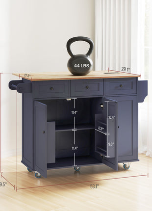 Kitchen Island on Wheels with Drop Leaf, Charging Station, Rolling Kitchen Cart with Wood Top, Adjustable Shelf, Blue