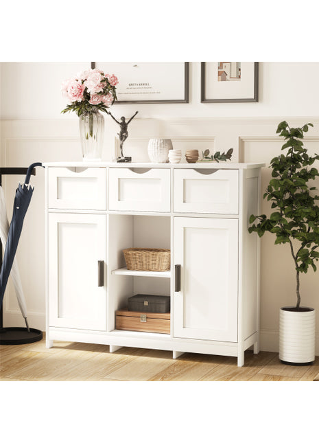 Multi-Storage Accent Cabinet – White Floor Cabinet with Drawers, Doors & Adjustable Shelves