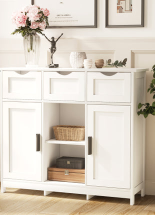 Multi-Storage Accent Cabinet – White Floor Cabinet with Drawers, Doors & Adjustable Shelves