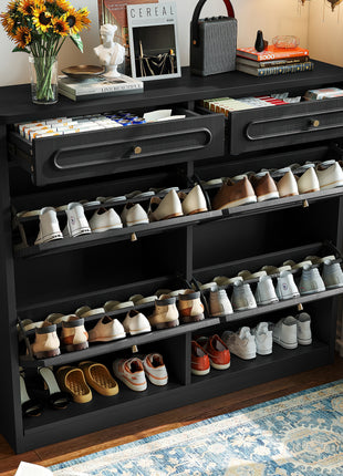 Farmhouse Shoe Cabinet with 4 Flip Drawers & 2 Storage Drawers – Black Entryway Shoe Rack Organizer
