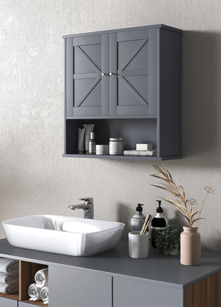 Farmhouse Wall-Mounted Medicine Cabinet – Gray Bathroom Cabinet with Barn Doors & Adjustable Shelf