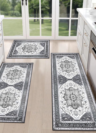 3-Piece Kitchen Rug Set with Runner – Non-Slip Farmhouse Kitchen Floor Mats Washable Area Rugs
