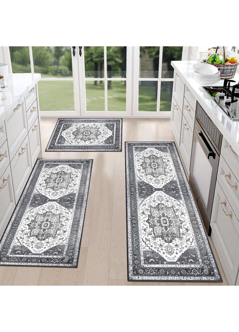 3-Piece Kitchen Rug Set with Runner – Non-Slip Farmhouse Kitchen Floor Mats Washable Area Rugs