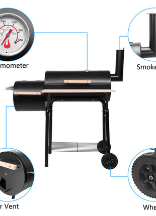 Black Carbon Charcoal Grill Smoker – Outdoor BBQ Oven with Thermometer & Side Smoker