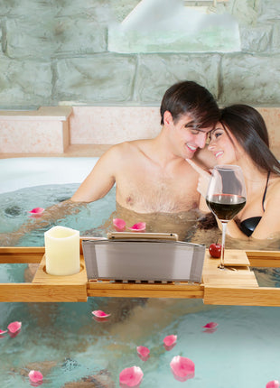 Extendable Bamboo Bathtub Caddy Tray – Luxury Bath Tray with Book & Wine Holder