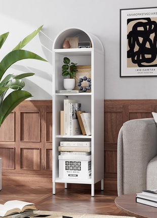 Arched Metal Display Bookcase with Glass Doors – Modern Storage Cabinet with Adjustable Shelves