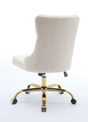 Likeshoppe Furniture Office Chair,Modern Velvet Upholstered Tufted Button Home Office Chair With Golden Metal Base,Adjustable Desk Chair Swivel Office Chair Beige