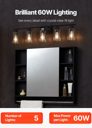 Likeshoppe 60W 5 Light Bathroom Vanity Light with Glass Shades – E26 Modern Fixture for Mirror Lighting (Up/Down Installation)