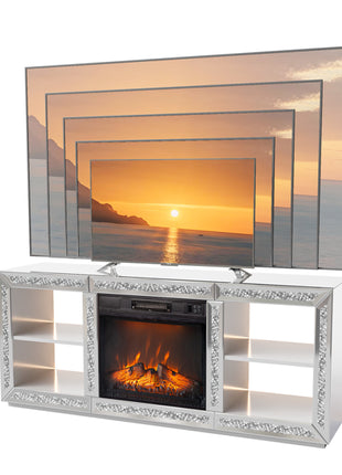 Likeshoppe Mirrored Fireplace TV Stand with Electric Insert – Modern Silver Entertainment Center with Storage Shelves