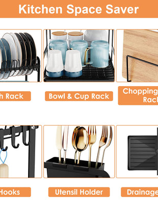 2-Tier Dish Drying Rack with Drainboard – Large Capacity Kitchen Dish Rack with Utensil Holder & Auto Drain System